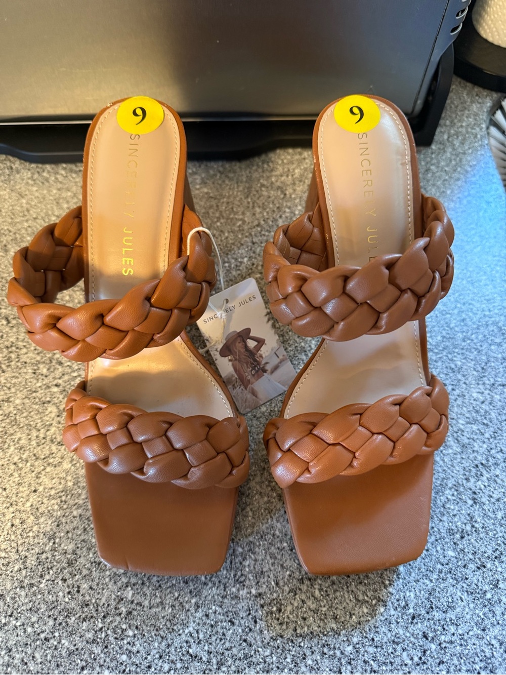 Sincerly Jules Braided Double-Strap Slide Heels in Cognac Brown